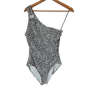 Michael Kors One-Shoulder O-Ring One-Piece Swimsuit Black White Women's Size 12